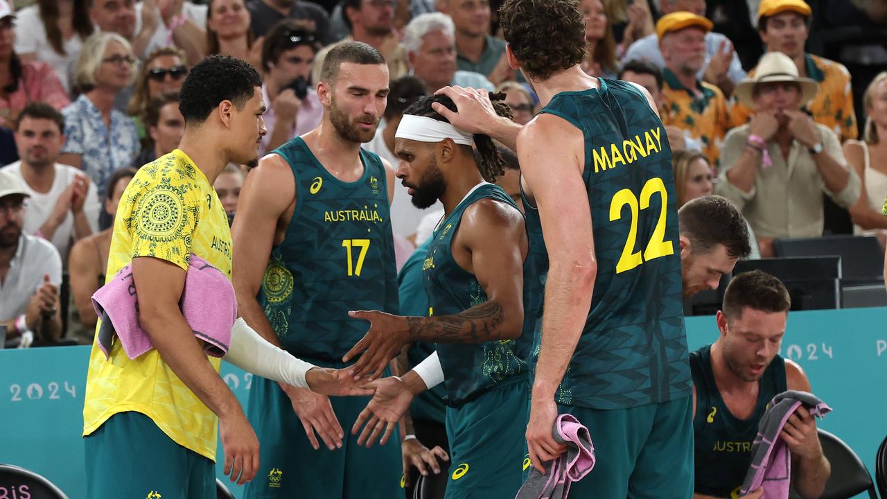 NCA. PARIS FRANCE 2024 OLYMPIC GAMES. August 6- Day 11 Patty Mills gets a break during the Mens Basketball Quarterfinal between Australia and Serbia at Bercy Arena.: Adam Head