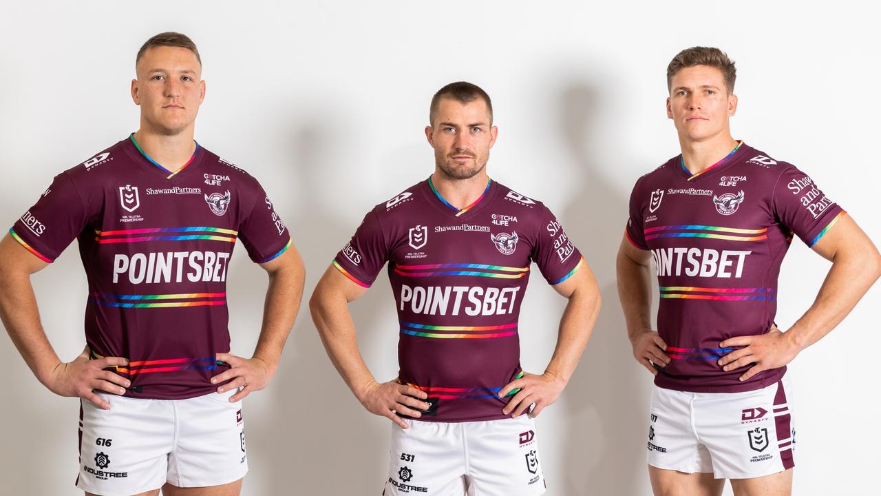 Manly's Sean Keppie, Kieran Foran and Reuben Garrick in the Sea Eagle's Pride jersey. Pic: Manly Digital