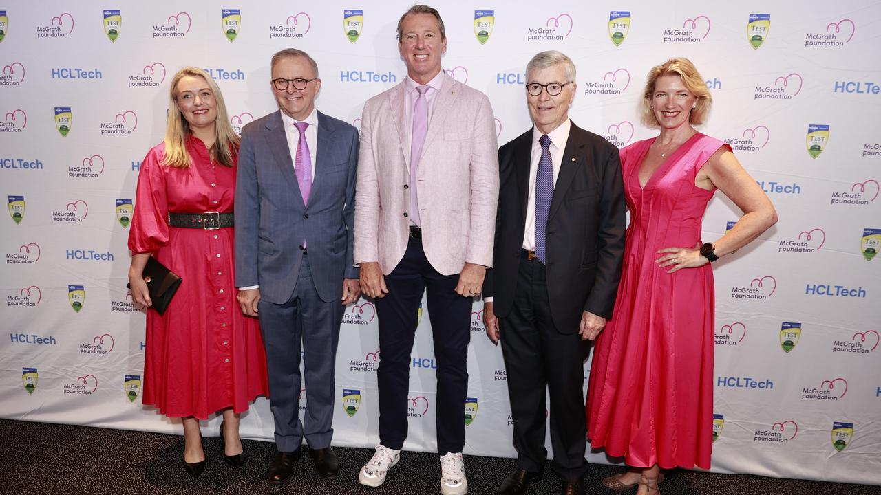 Prime Minister Anthony Albanese with his partner Jodie Haydon, Glenn McGrath, head of McGrath Foundation Board John Conde and McGrath Foundation CEO Holly Masters. Picture: Tim Hunter.