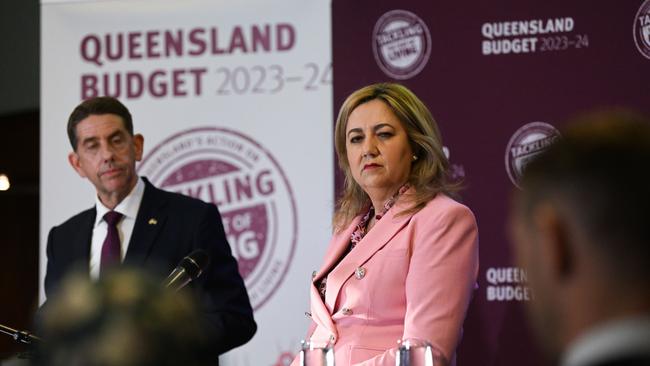 Queensland Premier Annastacia Palaszczuk with the Treasurer during a press conference in the 2023/24 state budget lockup at Parliament House in Brisbane. Picture: Dan Peled / NCA NewsWire