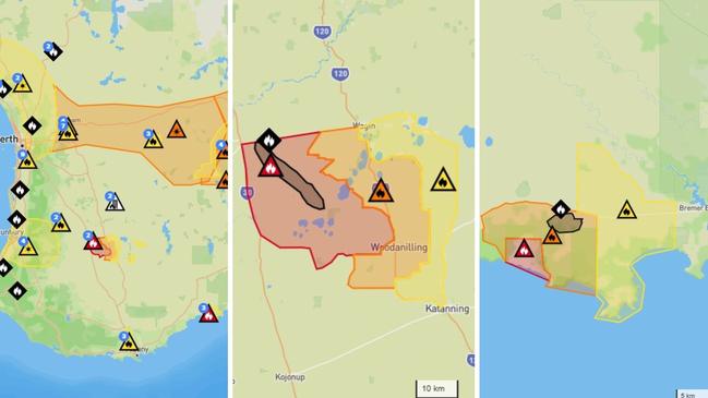 Dangerous fires are burning southeast of Perth. One blaze is near the area of Arthur River in the Wheatbelt region, the other is on the south coast near Bremer Bay. Pictures: Emergency WA