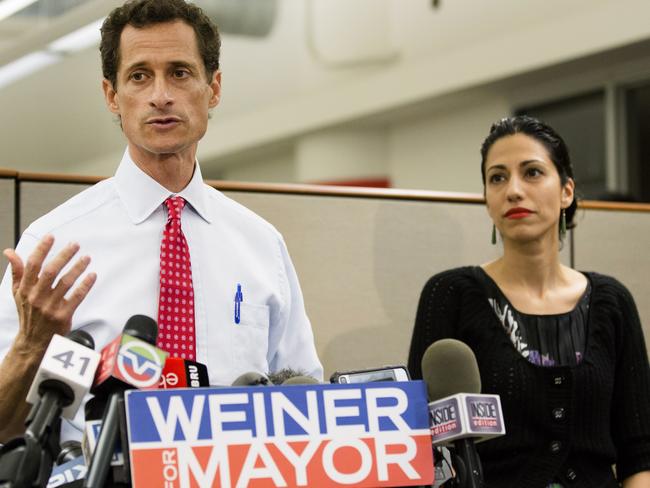 Huma Abedin (right) and her now-estranged husband Anthony Weiner in 2013. Picture: AP Photo/John Minchillo