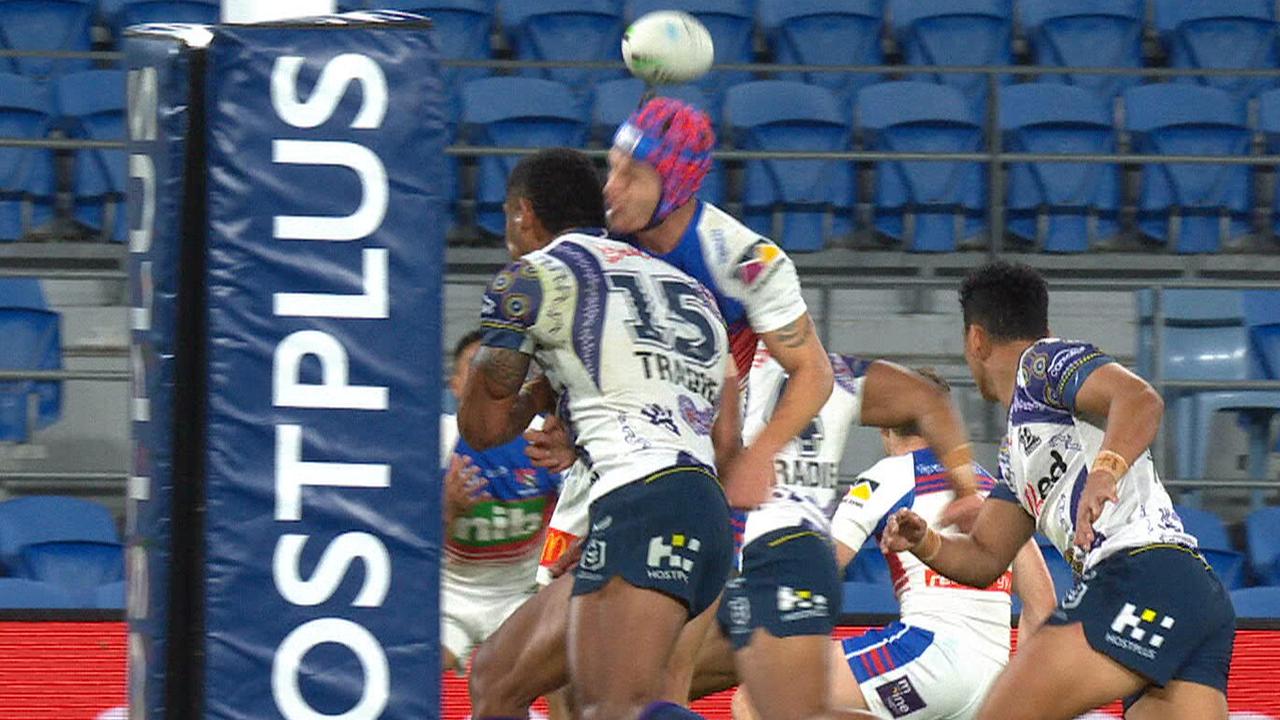 Kalyn Ponga is hit by Tui Kamikamica.