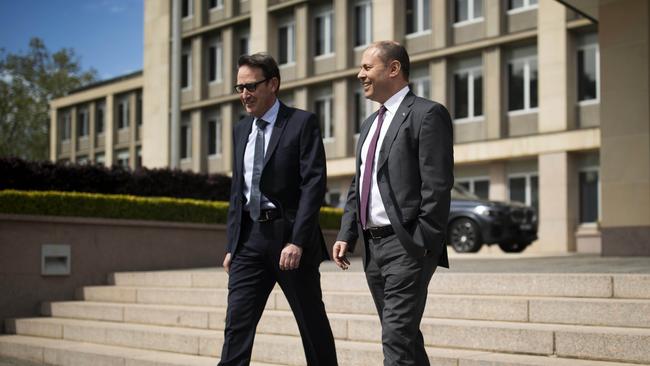 Treasurer Josh Frydenberg, right, and Treasury Secretary Steven Kennedy. Picture: Sean Davey.