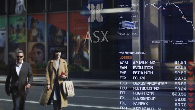 Pedestrians are reflected against an electronic board displaying stock information inside the Australian Securities Exchange. (David Moir/Bloomberg)