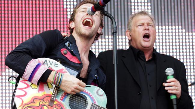 Chris Martin from Coldplay and John Farnham at Sound Relief in Sydney. Picture: Anthony Reginato