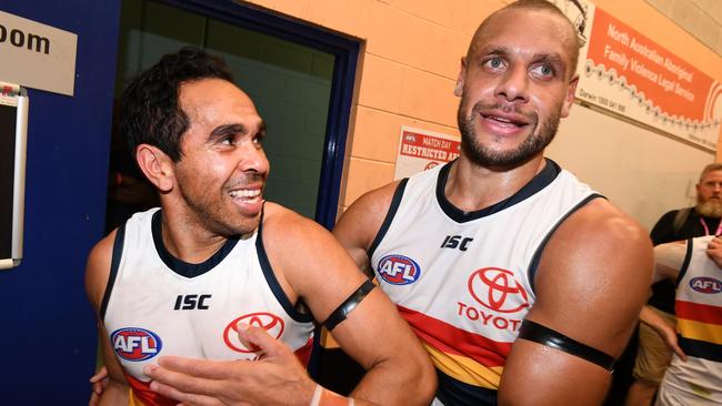 Cam Ellis-Yolmen (right) with Eddie Betts after the Crows’ round 11 win against Melbourne in Darwin this year. Picture: Dan Peled (AAP).