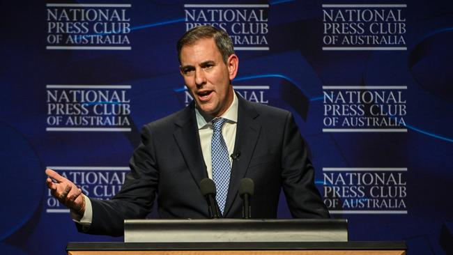 Federal Treasurer Jim Chalmers delivers his post-budget address at the National Press Club in Canberra. Picture: Tracey Nearmy/Getty Images