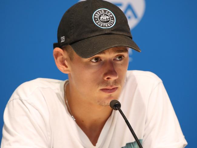 ADELAIDE, AUSTRALIA - JANUARY 13: Alex de Minaur of Australia addresses the media during day two of the 2020 Adelaide International at Memorial Drive on January 13, 2020 in Adelaide, Australia. (Photo by Paul Kane/Getty Images)