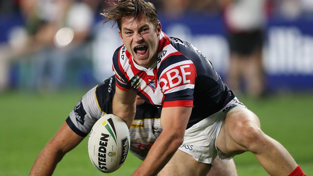 SYDNEY, AUSTRALIA – SEPTEMBER 23: Connor Watson of the Roosters celebrates scoring a try during the NRL Preliminary Final match between the Sydney Roosters and the North Queensland Cowboys at Allianz Stadium on September 23, 2017 in Sydney, Australia. (Photo by Mark Metcalfe/Getty Images)