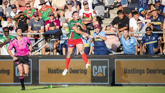 Jack Campagnolo misses the conversion under pressure from the Norths supporters in the Intrust Super Cup Grand Final between Wynnum Manly Seagulls and Norths Devils at Redcliffe Dolphins, Sunday, October 10, 2021 - Picture: Richard Walker