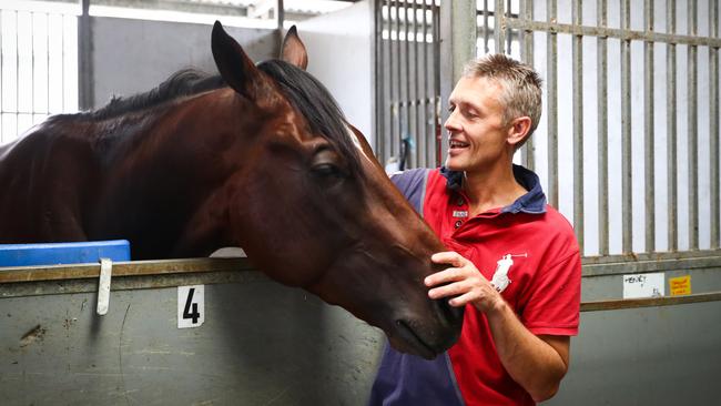 Trainer Mark Newnham with Diamond Tathagata. Picture: Renee Nowytarger