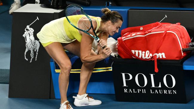 Aryna Sabalenka smashes her racket after her defeat by Madison Keys in the women's singles final during day 14 of the 2025 Australian Open. Picture: Quinn Rooney/Getty Images