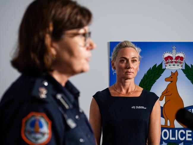 NT Police Superintendent Sonia Kennon and Bureau of Meteorology forecaster Shenagh Gamble give an update as Cyclone Megan bears down on Borroloola on Monday, March 18. Picture: Zizi Averil