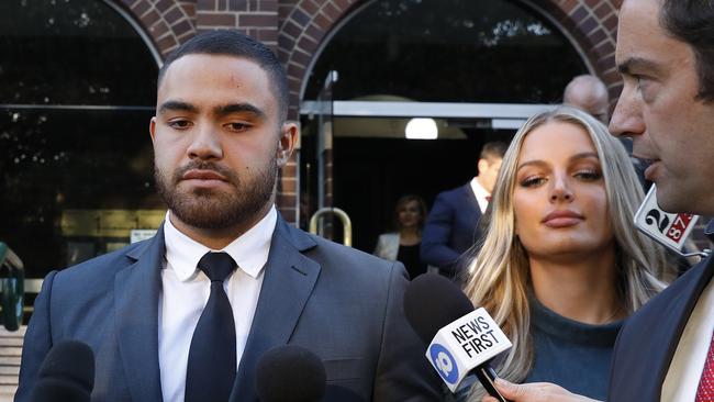 Dylan Walker outside Manly Local Court on Friday with his partner Alexandra Ivkovic. Picture: Chris Pavlich