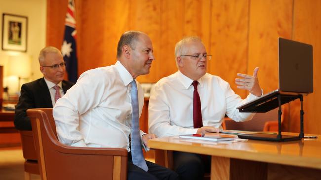 Prime Minister Scott Morrison, Treasurer Josh Frydenberg and Communications Minister Paul Fletcher hold a video meeting with Google CEO Sundar Pichai. Picture: Adam Taylor