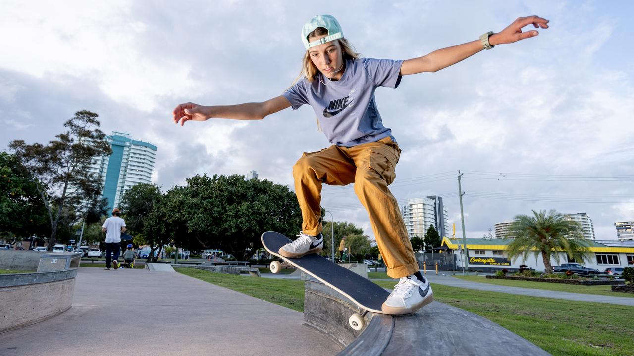 14-year-old Queenslander Chloe Covell, pictured at her local skate park in Coolangatta, will continue her Olympic tilt at the qualifier series in Shanghai and Budapest in May and June. Picture: Luke Marsden.