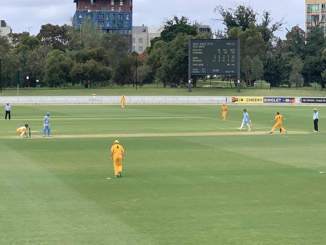 Leg-spinner Matt Prosser bowls in the VCCL East versus West game at the Junction Oval on Sunday.