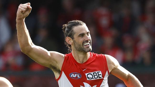 Sydney's Brodie Grundy celebrates kicking a goal  during the Round 6 AFL match between the Sydney Swans and Gold Coast Suns at the SCG on April 21, 2024. Photo by Phil Hillyard(Image Supplied for Editorial Use only - **NO ON SALES** - Â©Phil Hillyard )