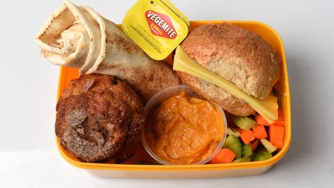 Lunchbox Four: Pumpkin hummus with veggie sticks and Turkish bread, wholemeal roll with vegemite and cheese, homemade muffin