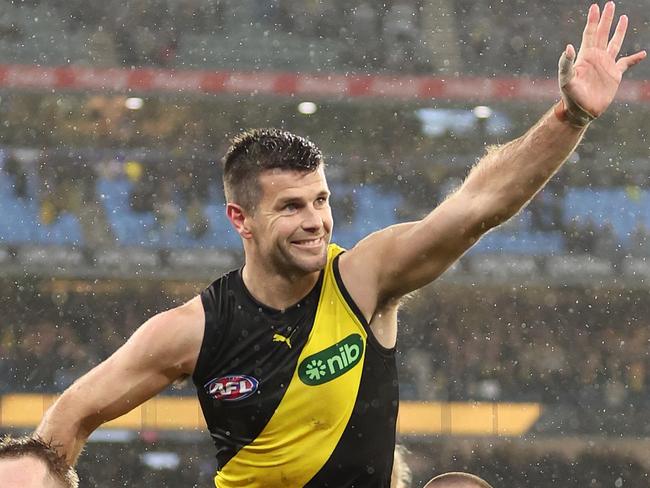 MELBOURNE, AUSTRALIA - JUNE 17: Trent Cotchin of the Tigers is chaired off after he played his 300th game during the round 14 AFL match between Richmond Tigers and St Kilda Saints at Melbourne Cricket Ground, on June 17, 2023, in Melbourne, Australia. (Photo by Robert Cianflone/Getty Images)