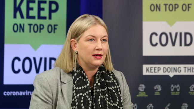 Tasmanian state health commander Kathrine Morgan-Wicks speaks to the media at a briefing in Hobart on Tuesday 29 June, 2021.