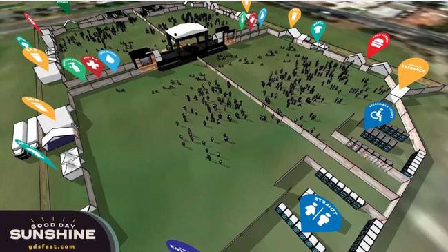 An artist's impression of Good Day Sunshine, a music festival to be held in Busselton, Western Australia on October 31 2020 featuring a unique COVID-safe site layout with a rotating turntable stage and the crowd split into four groups. Picture: supplied