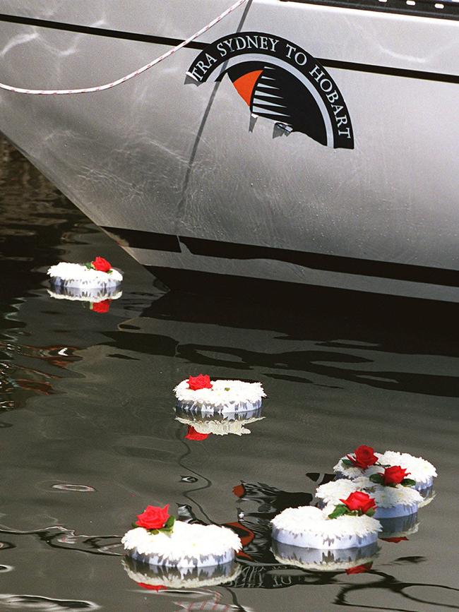 Floral wreaths on Derwent River during the memorial service 