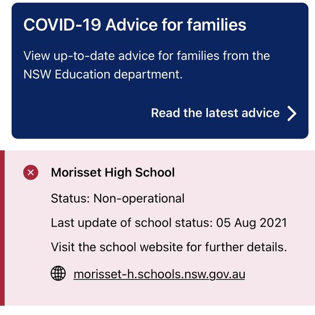 Supplied Editorial The NSW School Updates app confirmed Morisset High School was closed.