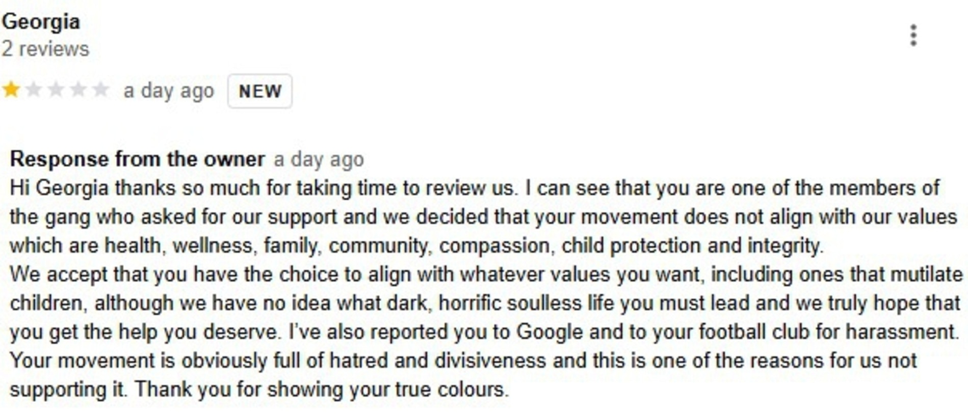 A now deleted response to one of the negative Google reviews.