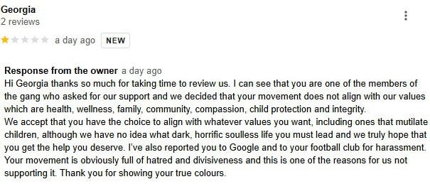 A now deleted response to one of the negative Google reviews.