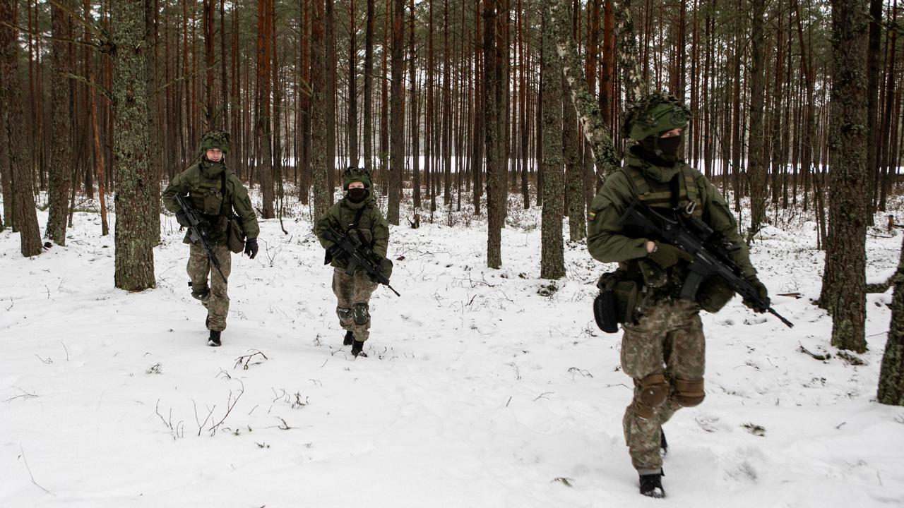 Lithuanian soldiers take part in military training on January 27 in Pabrade, Lithuania, as tensions between the NATO military alliance and Russia intensify. Picture: Paulius Peleckis/Getty Images