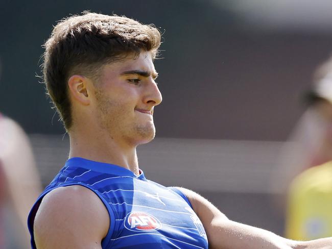 NCA. MELBOURNE, AUSTRALIA. 6th February, 2025 . North Melbourne training at Arden Street.  Harry Sheezel of the Kangaroos kicks at goal    .  Picture: Michael Klein