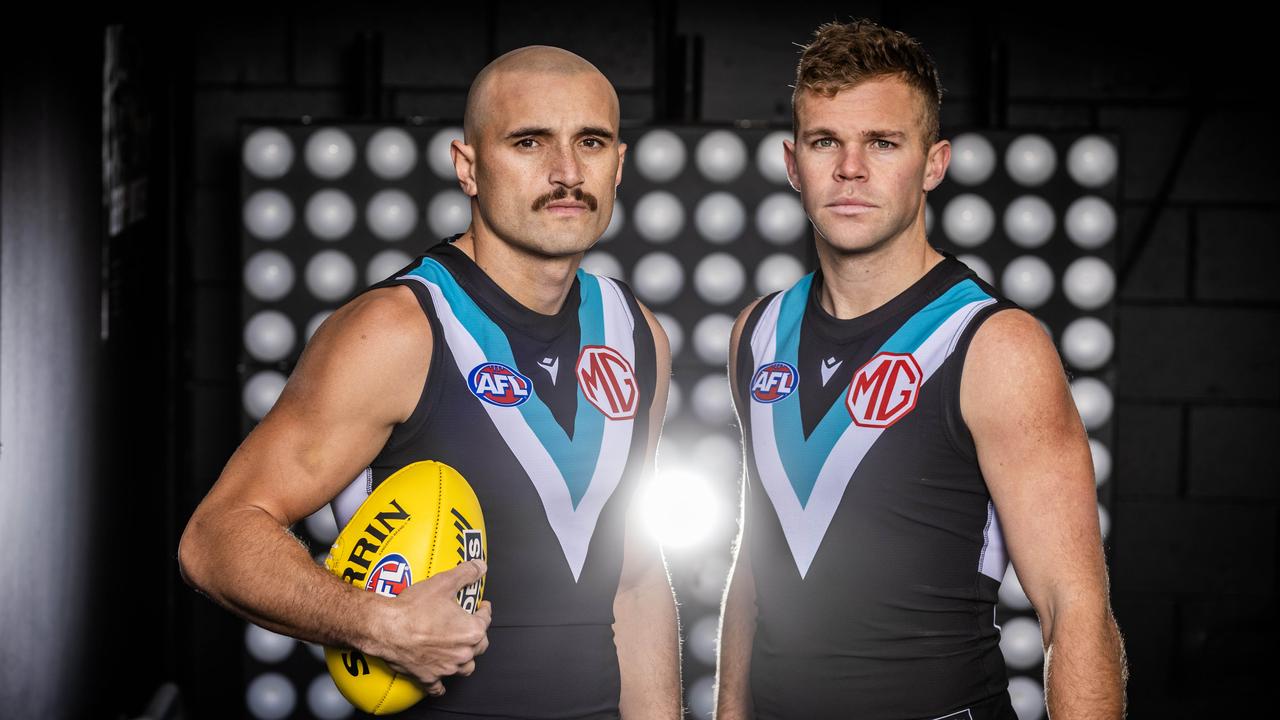 Sam Powell-Pepper and Dan Houston missed Port Adelaide’s captain’s run on Friday. Picture: NCA NewsWire / Kelly Barnes