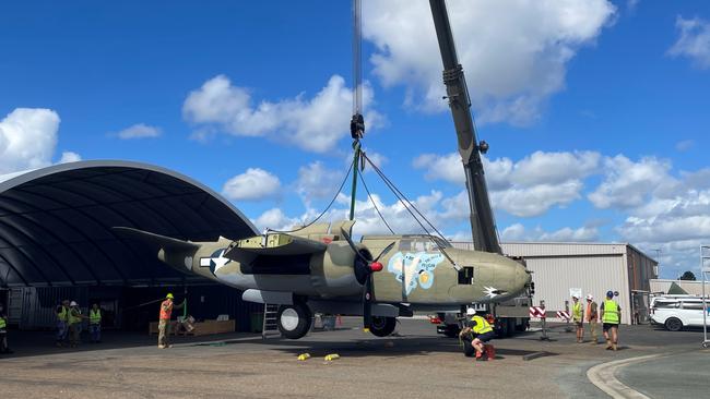 Douglas A-20 Havoc bomber aircraft (nicknamed Hell’n Pelican II) at RAAF Amberley prior to being loaded onto a truck for transportation to Townsville. Picture: Department of Defence