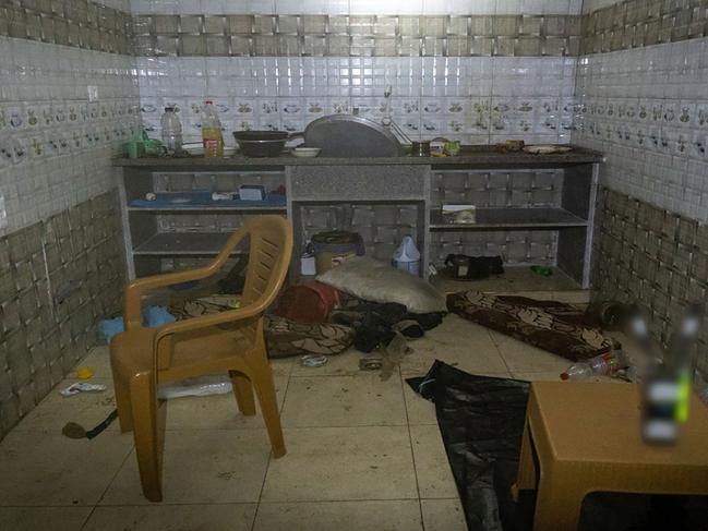 Picture released by the Israeli army shows a room discovered during a raid in an underground tunnel in Khan Yunis where some hostages had been kept. Picture: AFP