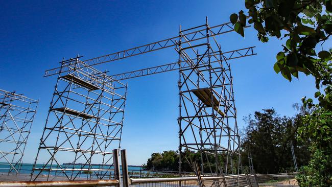 work continues on the Territory Day stage on Mindil Beach despite a 48 hour lock down Picture: Glenn Campbell