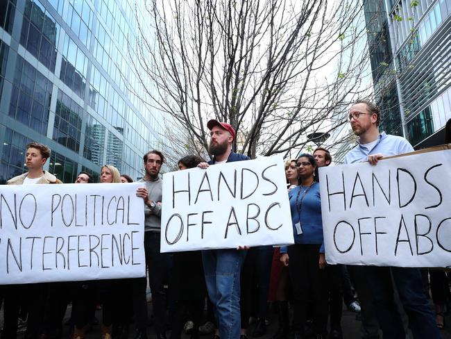 26/9/19: ABC staff hold a meeting outside of the ABC in Sydney responding to a story that ABC Chairman Justine Milne was trying to get senior journalist Emma Alberici sacked. John Feder/The Australian.