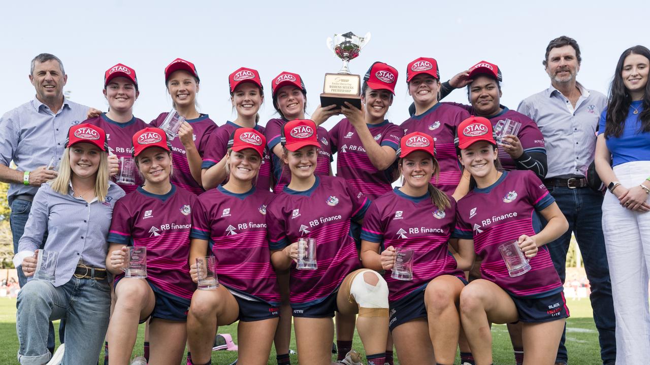 Toowoomba Bears Womens 7s celebrate their win over Roma Echnidas Womens 7s. Picture: Kevin Farmer