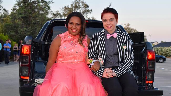 Novalyn Warin and Nikita Lazell arrive on the back of a truck to the Roma State College formal. Photo Tom Gillespie / The Western Star