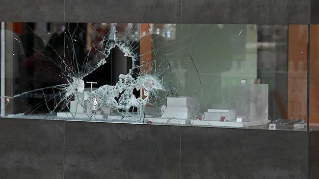 Display window of Michael Hill was smashed on Thursday, June 27, 2024. Picture: John Gass