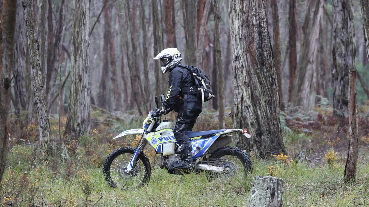 Police on motorbikes join a search in an area around Enfield State park in Victoria on a new search for the body of Samantha Murphy. Picture: News Corp Australia