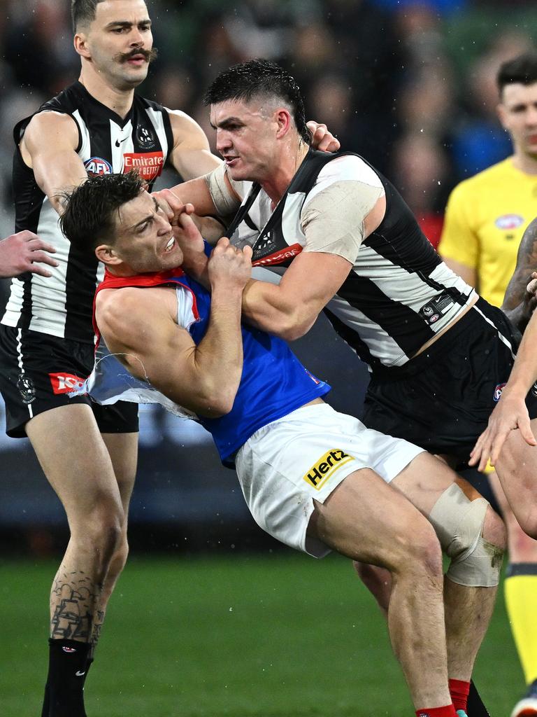 The hit sparked an all-in brawl as Brayshaw’s Dees teammates rushed to his defence. (Photo by Quinn Rooney/Getty Images)