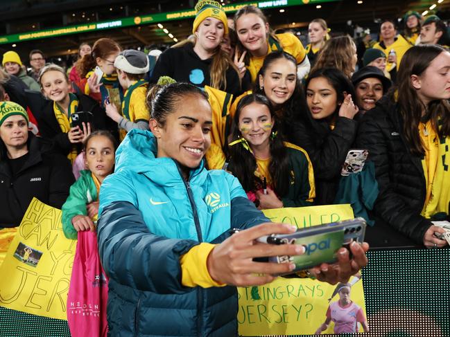 SYDNEY, AUSTRALIA - JUNE 03:  Mary Fowler of Australia interacts with fans after the international friendly match between Australia Matildas and China PR at Accor Stadium on June 03, 2024 in Sydney, Australia. (Photo by Matt King/Getty Images)