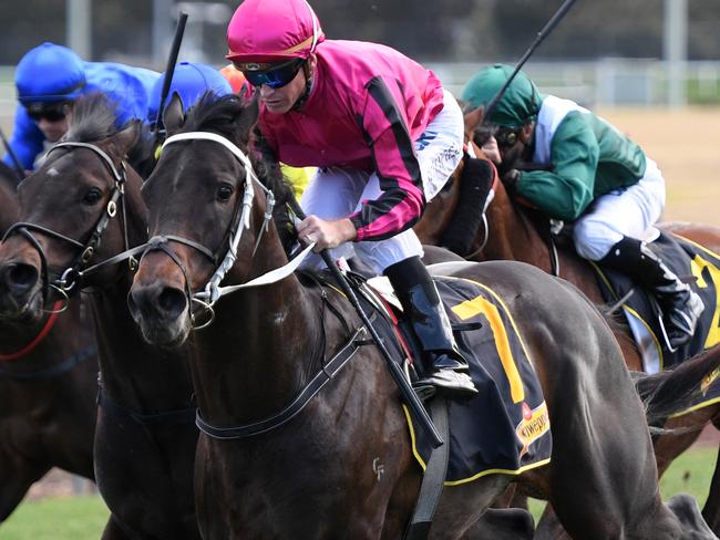 Jockey Glyn Schofield (Right) riding Paret to win race 4 Schweppes Handicap,during the Canterbury Park Race Day in Sydney, Wednesday, September 13, 2017. AAP Image/Brendan Esposito) NO ARCHIVING, EDITORIAL USE ONLY