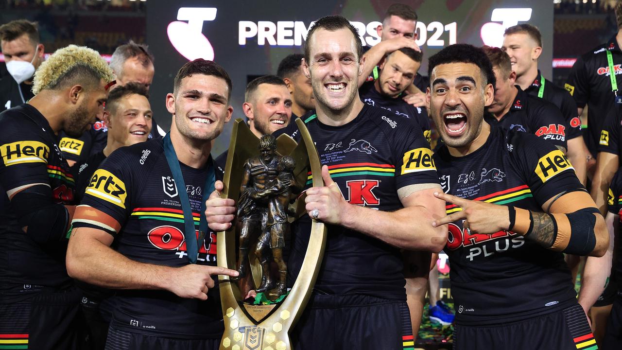 Tyrone May (right) celebrates the Panthers’ NRL grand final win with Nathan Cleary and Isaah Yeo at Suncorp Stadium in Brisbane. Picture: Adam Head