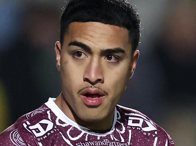 SYDNEY, AUSTRALIA - MAY 24:  Lehi Hopoate of the Sea Eagles warms up before the round 12 NRL match between Manly Sea Eagles and Melbourne Storm at 4 Pines Park on May 24, 2024, in Sydney, Australia. (Photo by Cameron Spencer/Getty Images)