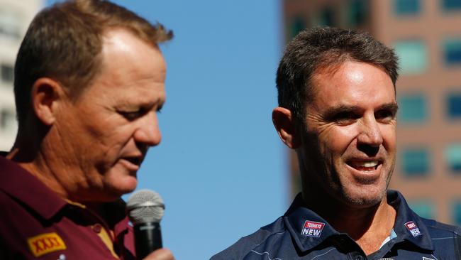 Maroons coach Kevin Walters speaks as Blues coach Brad Fittler looks on during the 2018 State of Origin launch in Melbourne.