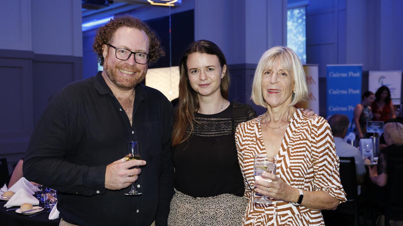 Ben Woodward, Barbara Vochova and Pip Woodward at the Cairns Chamber of Commerce Christmas lunch, held at the Pullman International hotel. Picture: Brendan Radke