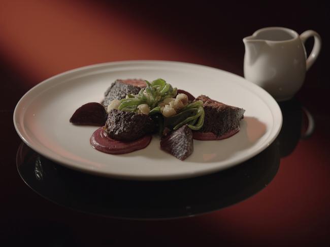 The main course by Tim and Kyle was spiced kangaroo with beetroot and walnut puree and weed salad. Picture: Channel Seven